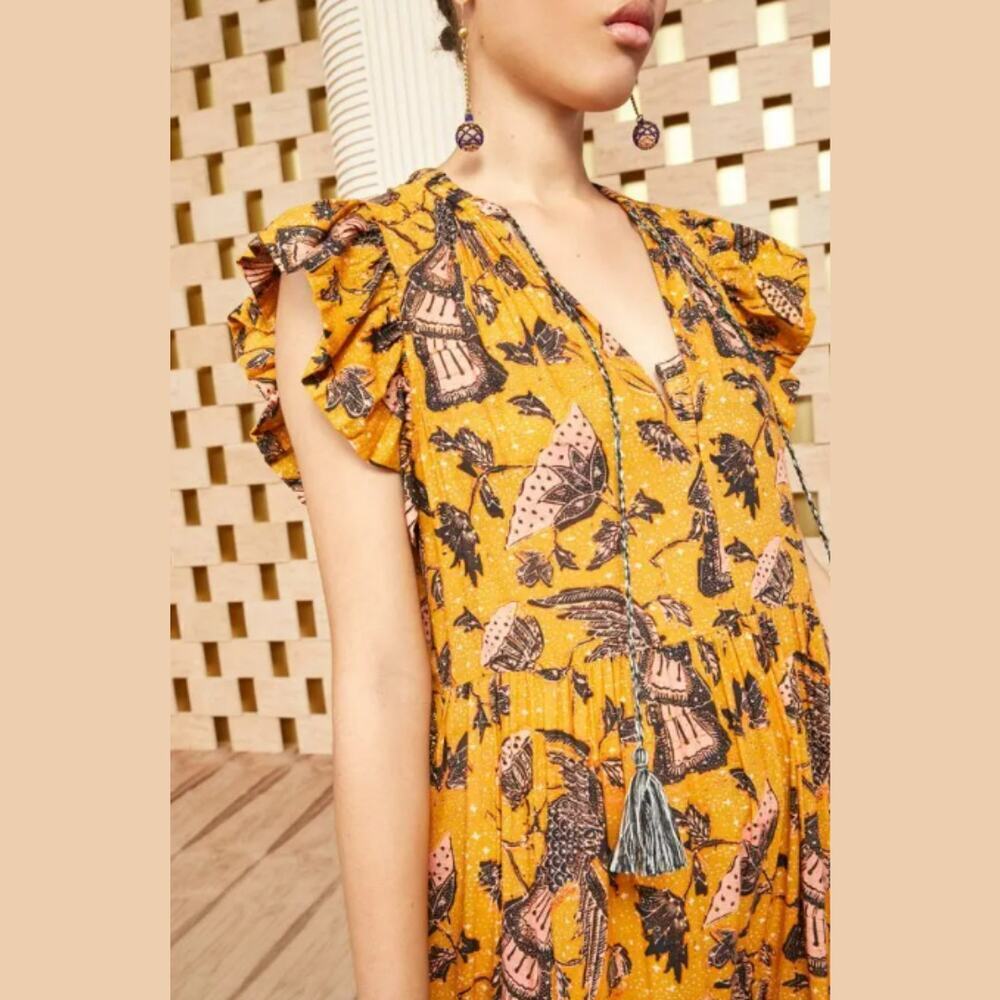 Ulla Johnson Maxi Dress Tiered Arinella Cover Up Solar Yellow Floral Flutter XL - Picture 3 of 7